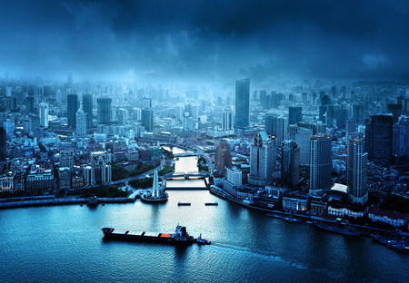 skyline of Shanghai at sunset, Chinaの写真素材