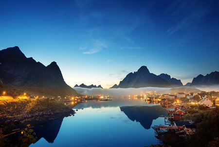 mist in sunset time Reine Village, Lofoten Islands, Norwayの写真素材