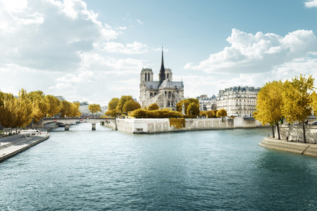 Notre Dame church in Paris and autumn sunny dayのeditorial素材
