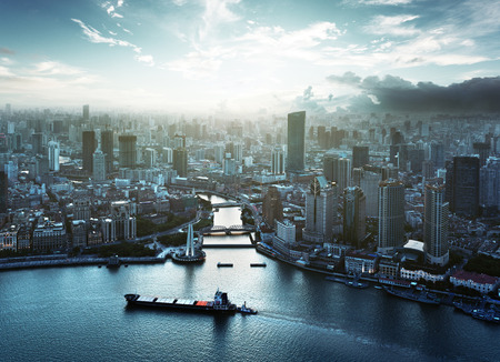 skyline of Shanghai at sunset, Chinaの写真素材