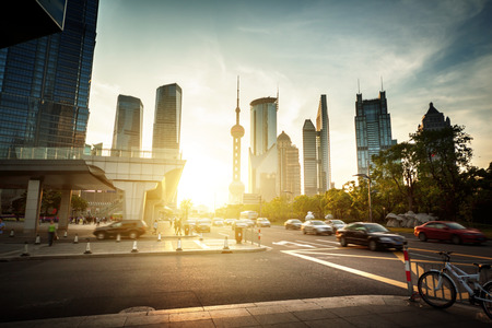 road in Shanghai lujiazui financial center, Chinaの写真素材