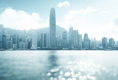 Hong Kong harbour at sunny day, tilt shift bokehの写真素材