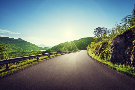 summer road in mountain, Lofoten islands, Norwayの写真素材