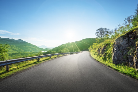 summer road in mountain, Lofoten islands, Norwayの写真素材