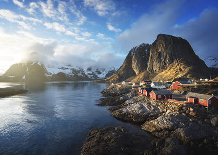 Fishing hut at spring sunset - Reine, Lofoten islands, Norwayの写真素材