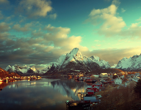 snow in Reine Village, Lofoten Islands, Norwayの写真素材