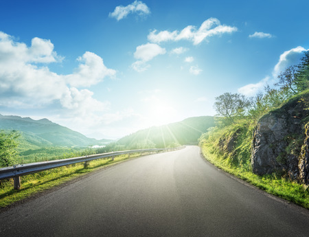 summer road in mountain, Lofoten islands, Norwayの写真素材