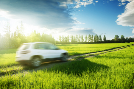 spring field and blured car on ground roadの写真素材