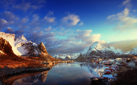 snow in Reine Village, Lofoten Islands, Norwayの写真素材
