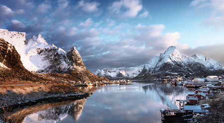 snow in Reine Village, Lofoten Islands, Norwayの写真素材