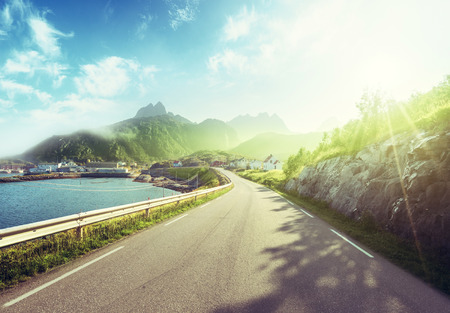 misty road by the sea, Lofoten island, Norwayの写真素材