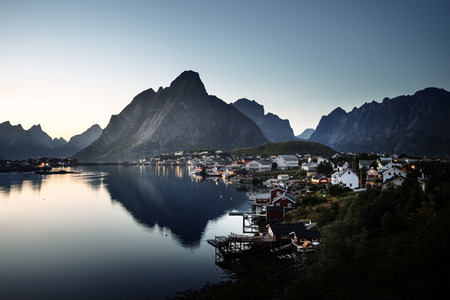 mist in sunset time Reine Village, Lofoten Islands, Norwayの写真素材