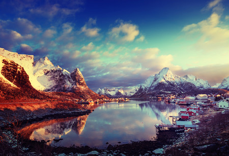 snow in Reine Village, Lofoten Islands, Norwayの写真素材