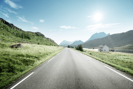 road and fog, Lofoten island, Norwayの写真素材