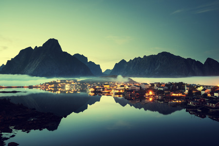 mist in sunset time Reine Village, Lofoten Islands, Norwayの写真素材