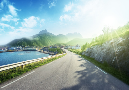 misty road by the sea, Lofoten island, Norwayの写真素材