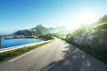 road and mist, Lofoten islands, Norwayの写真素材