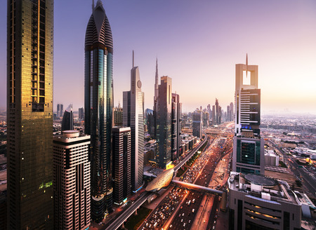 Dubai skyline in sunset time, United Arab Emirates