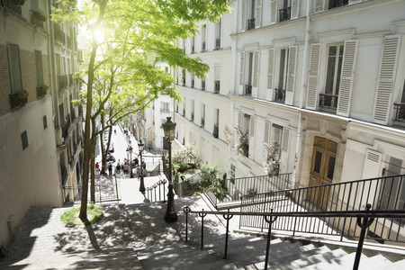 morning Montmartre staircase in Paris, Franceの写真素材