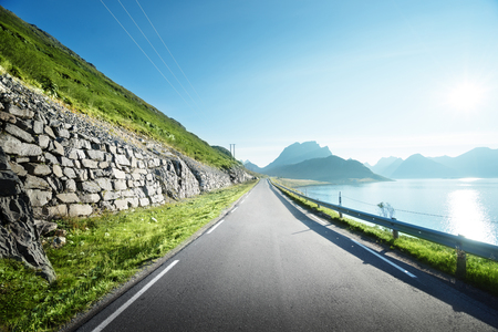 road and fog, Lofoten island, Norwayの写真素材