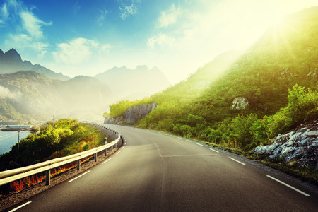road and mist, Lofoten islands, Norwayの写真素材