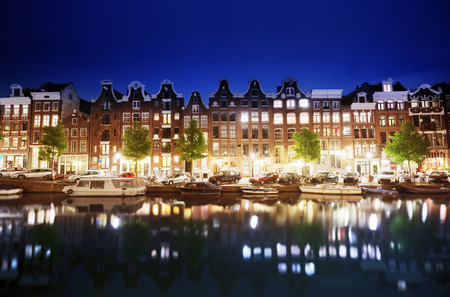 Canal in Amsterdam at night, Netherlandsの写真素材