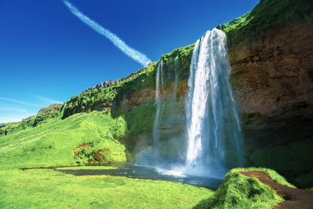 Seljalandfoss waterfall in summer time, Icelandの写真素材