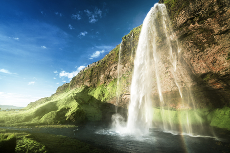 Seljalandsfoss waterfall at sunset, Icelandの写真素材