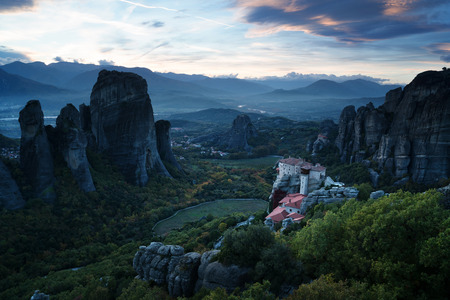 Meteora monasteries after sunset, Greece