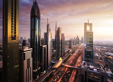 Dubai skyline in sunset time, United Arab Emiratesの写真素材