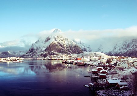 snow in Reine Village, Lofoten Islands, Norwayの写真素材