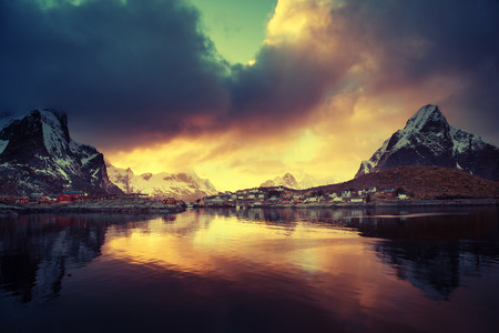 Sunset at Reine, Lofoten islands, Norwayの写真素材