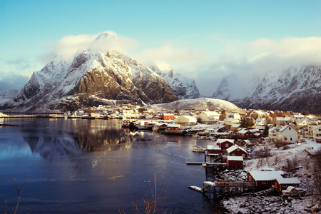 snow in Reine Village, Lofoten Islands, Norwayの写真素材