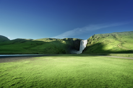 Skogarfoss waterfall and summer sunny day, Icelandの写真素材