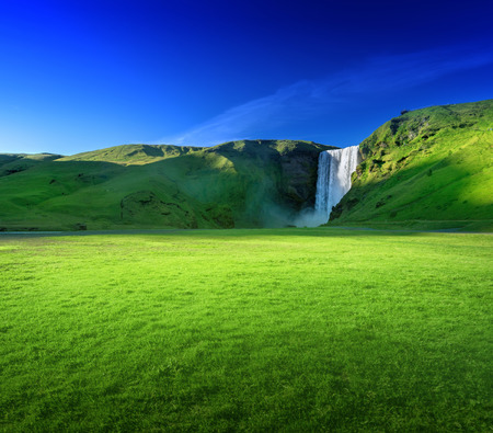 Skogarfoss waterfall and summer sunny day, Icelandの写真素材