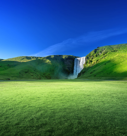 Skogarfoss waterfall and summer sunny day, Icelandの写真素材