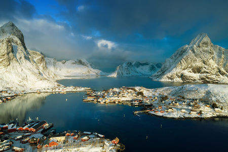 snow in Reine Village, Lofoten Islands, Norwayの写真素材
