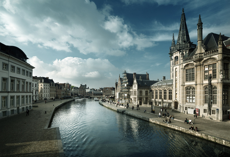 Leie river in Ghent town, Belgiumの写真素材