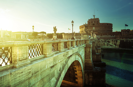 Sant Angelo Castle and Bridge in sunset time, Rome, Italyの写真素材