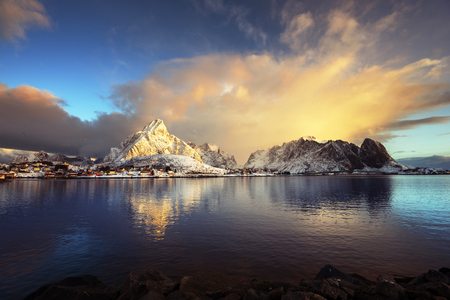 sunrise at Reine Village, Lofoten Islands, Norwayの写真素材