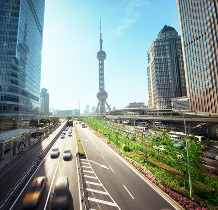 road in Shanghai lujiazui financial center, Chinaの写真素材