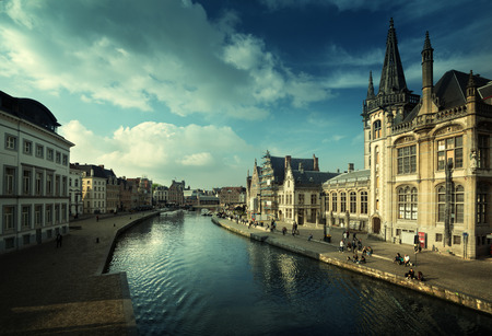 Leie river in Ghent town, Belgiumの写真素材