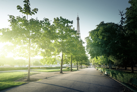 sunny morning and Eiffel Tower, Paris, Franceの写真素材