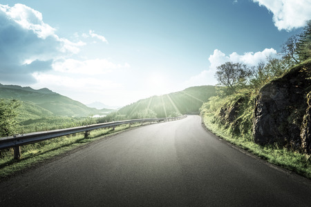 Summer road in mountain, Lofoten islands, Norwayの写真素材