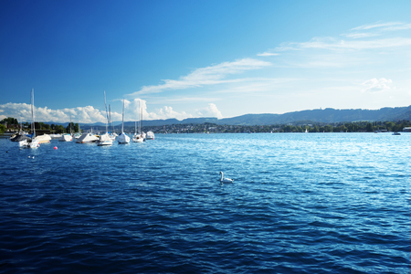 Zurich lake with yachts, Switzerlandの写真素材