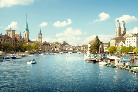 Zurich city center with famous Fraumunster, Grossmunster and St. Peter and river Limmat, Switzerlandの写真素材