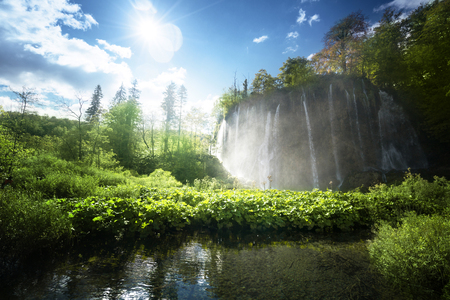 waterfall in forest, Plitvice Lakes, Croatiaの写真素材