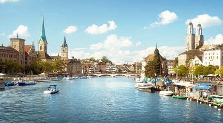 Zurich city center with famous Fraumunster, Grossmunster and St. Peter and river Limmat, Switzerlandの写真素材