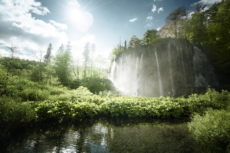 waterfall in forest, Plitvice Lakes, Croatiaの写真素材