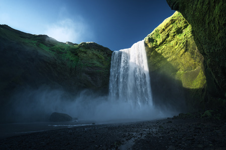 Skogarfoss waterfall and summer sunny day, Icelandの写真素材